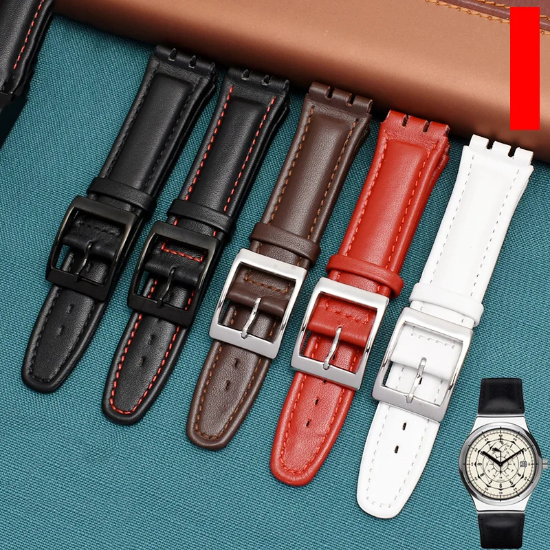 Genuine leather bracelet for swatch Strap Plain watch band 17mm 19mm Wrist red Watchbands Women man belt accessories | Наручные часы