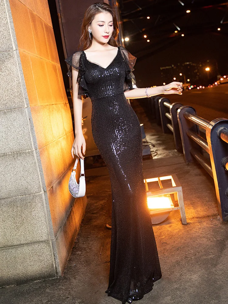 V-neck Sequins Evening Dresses Black Champagne Flounces Women Formal Prom Gowns Floor-Length Short-Sleeves Mermaid stretchy Robe 
V-neck Sequins Evening Dresses Black Champagne Flounces Women Formal Prom Gowns Floor-Length Short-Sleeves Mermaid stretchy Robe