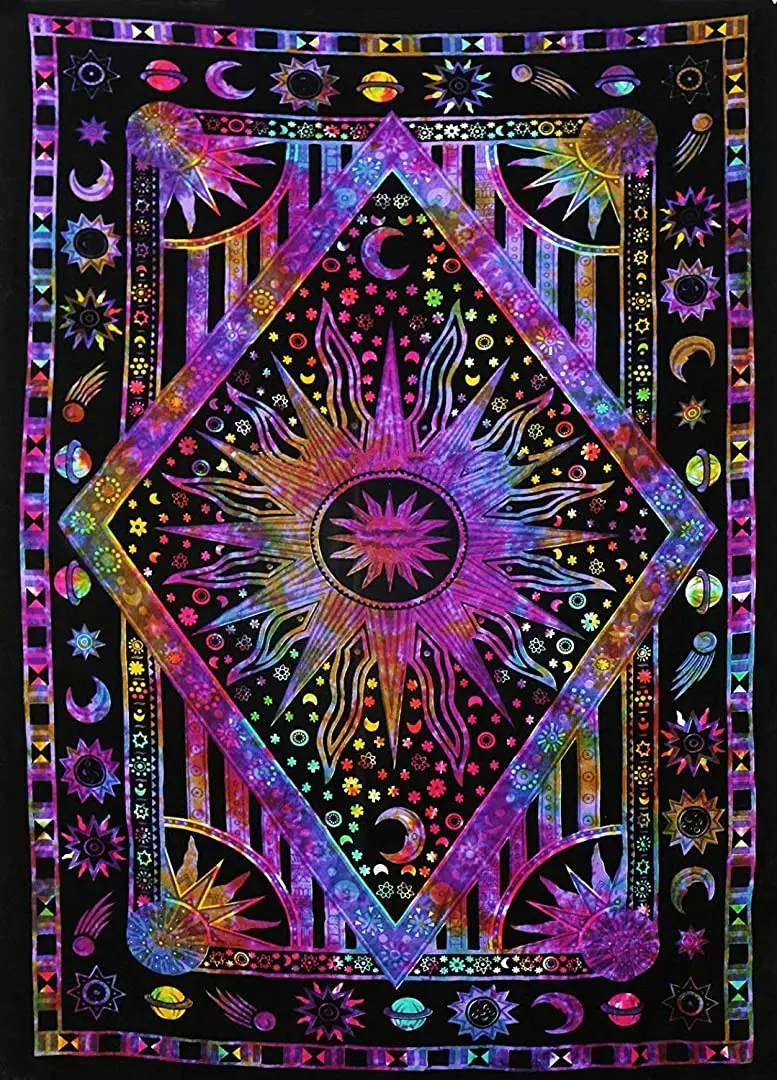 

Burning Sun Tie Dye Tapestry, Celestial Sun Moon Star Planet Bohemian Poster Tapestry Tarot Wall Hanging Boho Hippie Hippy Beach