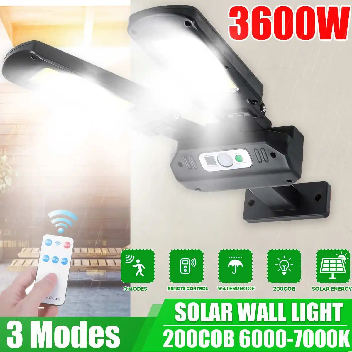 3600W Solar Lights Outdoor 200COB LED Wall Lamp with 2 Adjustable Heads Security LED Flood Light IP65 Waterproof 3 Working Modes
3600W Solar Lights Outdoor 200COB LED Wall Lamp with 2 Adjustable Heads Security LED Flood Light IP65 Waterproof 3 Working Modes