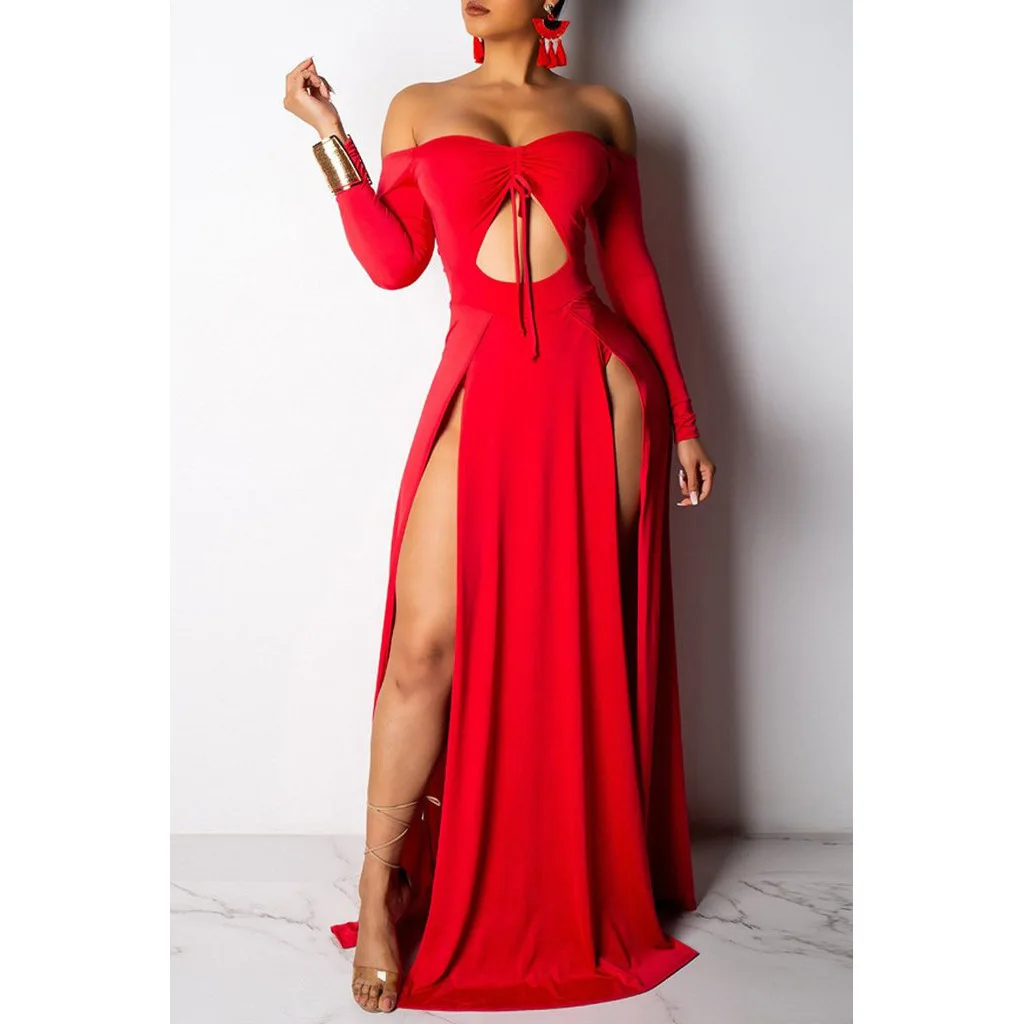 Women's 2021 solid color summer solid color one-way neck long sleeve sexy evening dress
Women's 2021 solid color summer solid color one-way neck long sleeve sexy evening dress
