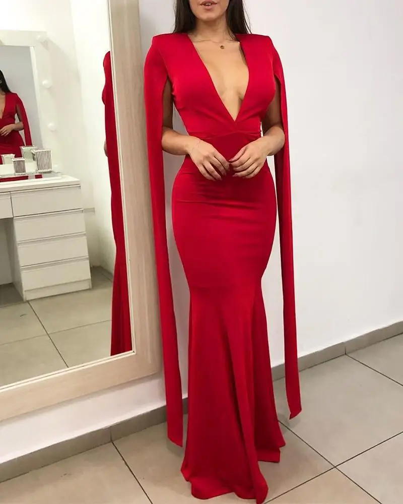 Plunge fishtail hem bodycon party dress Women Long cape sleeve sexy dress Winter 2019 solid color elegant dresses Robe femme 
Plunge fishtail hem bodycon party dress Women Long cape sleeve sexy dress Winter 2019 solid color elegant dresses Robe femme