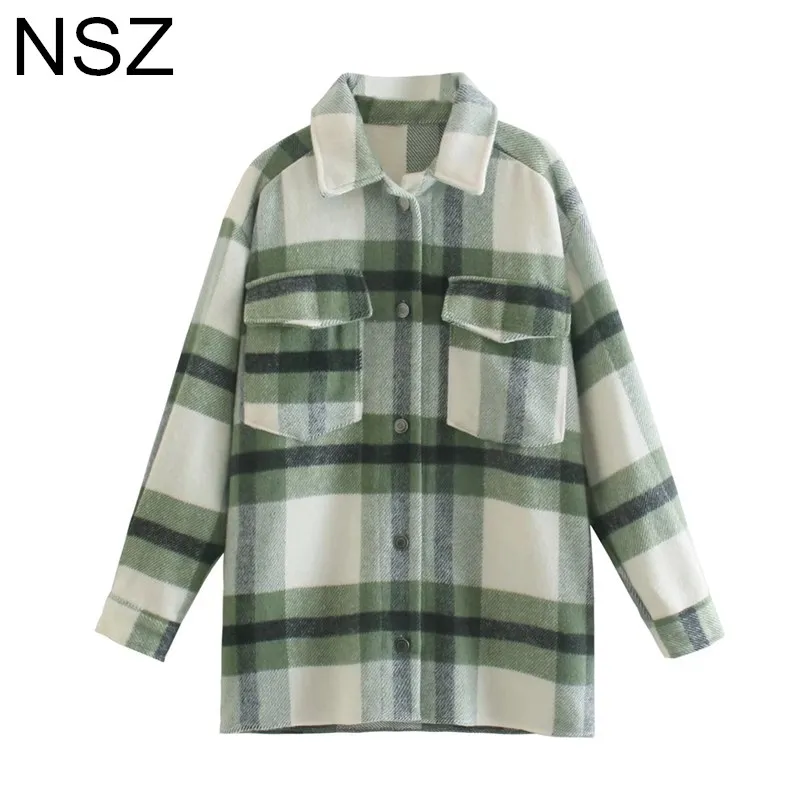 

NSZ Women Oversized Wool Blend Plaid Overshirt Shirt Coat Large Size Loose Checked Ladies Long Sleeve Casual Jacket Outerwear