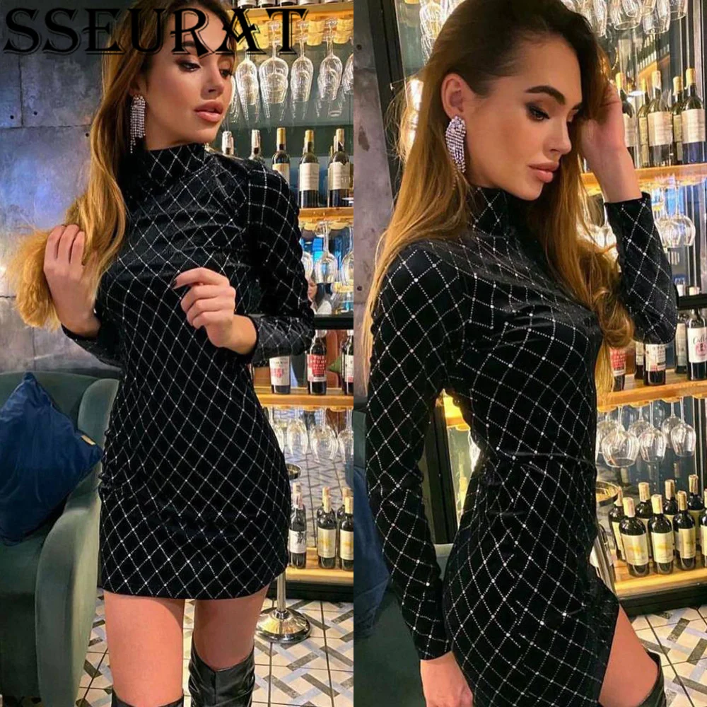 SSEURAT Sexy Velvet Plaid Bodycon Mini Dress Women Autumn Long Sleeve High Neck Party Dresses Robes Vestido
SSEURAT Sexy Velvet Plaid Bodycon Mini Dress Women Autumn Long Sleeve High Neck Party Dresses Robes Vestido