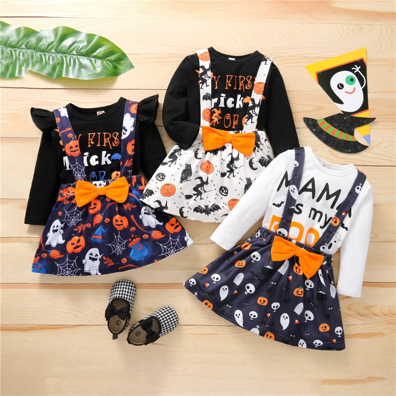 

2Pcs 18Months-6Years Baby Girls Clothes Set,Toddler Infant Girls All Saints' Day O-Neck Long Sleeve Tops+Pumpkin Suspender Skirt