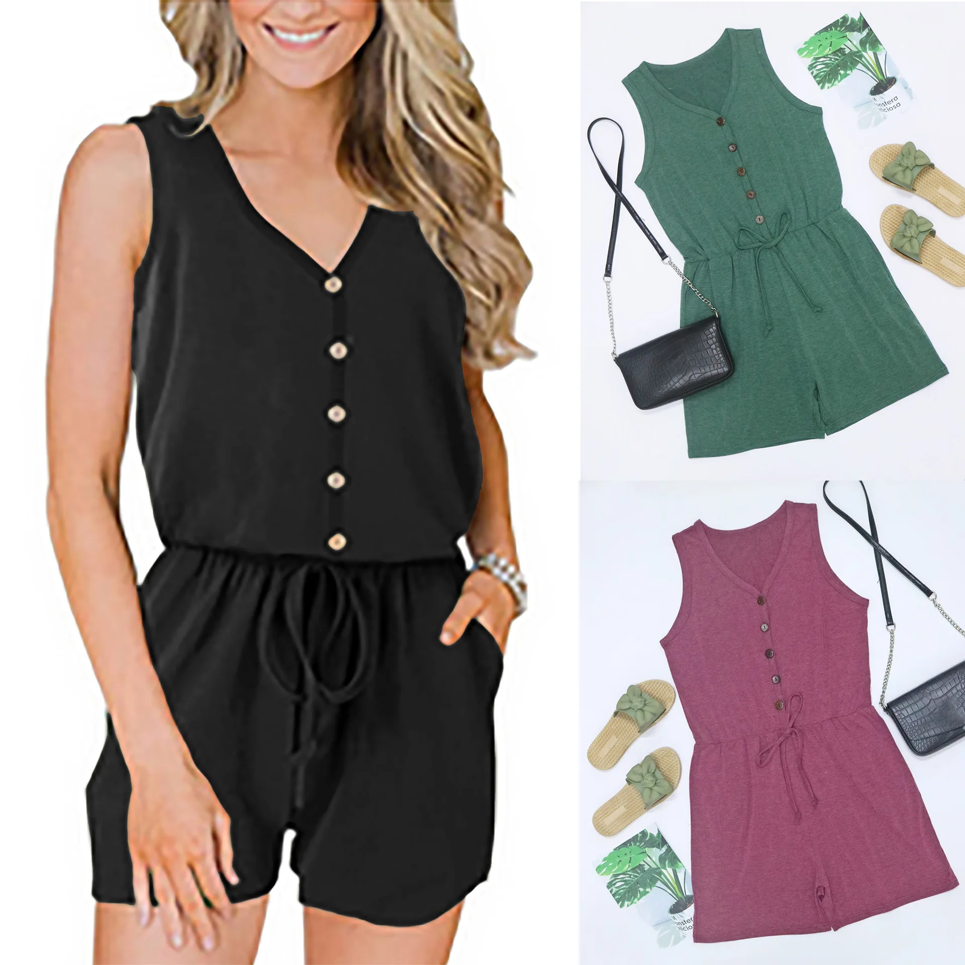 Summer Womens Tank Top One-piece Single-breasted Tie-up Double-pocket Casual Sleeveless Jumpsuit Shorts
Summer Womens Tank Top One-piece Single-breasted Tie-up Double-pocket Casual Sleeveless Jumpsuit Shorts