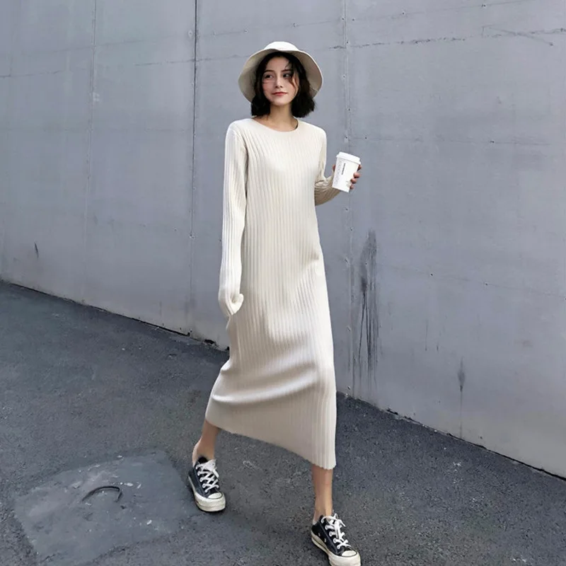 2020 Autumn Korean Knitted Dress Chic Lazy Style Round Neck Long Sleeve Bottoming Dress Loose Mid Length Over Knee Sweater Dress
2020 Autumn Korean Knitted Dress Chic Lazy Style Round Neck Long Sleeve Bottoming Dress Loose Mid Length Over Knee Sweater Dress