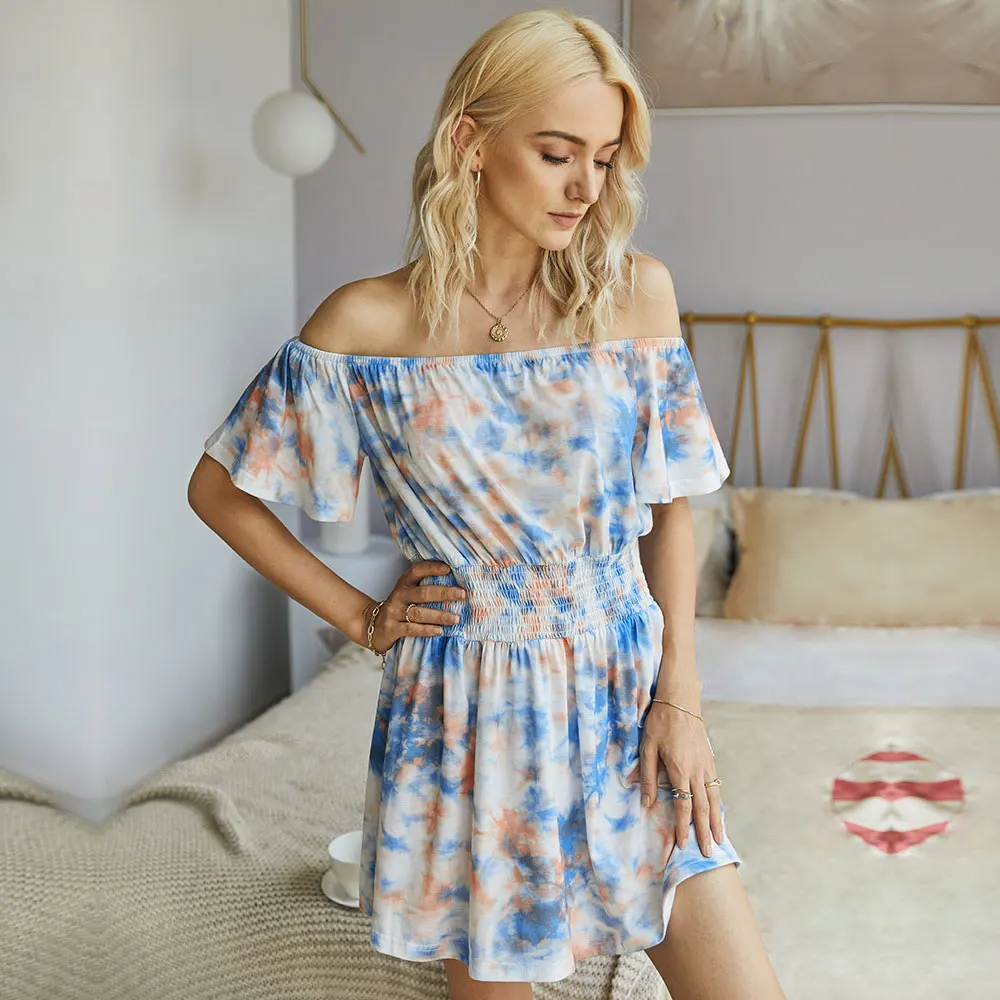 Summer Ladies Fashion Slash Neck Tie Dye Dress Women Short Butterfly Sleeve High Wasit Dress 2021 New
Summer Ladies Fashion Slash Neck Tie Dye Dress Women Short Butterfly Sleeve High Wasit Dress 2021 New