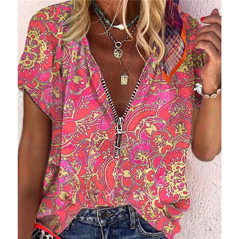 Women Summer Front Zipper Shirt Flower Printed Casual V Neck Blouse Ladies Loose Short Sleeve Blouse
Women Summer Front Zipper Shirt Flower Printed Casual V Neck Blouse Ladies Loose Short Sleeve Blouse