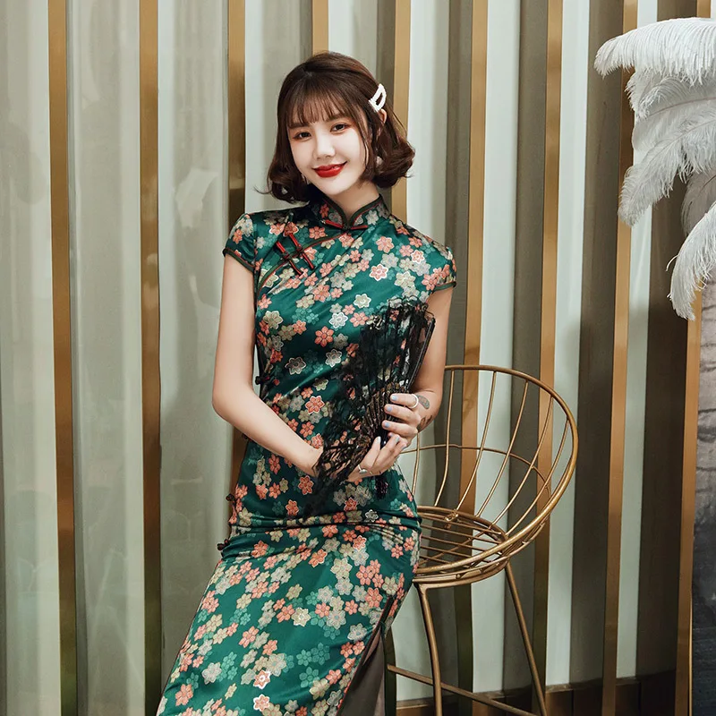 Elegant Satin Mandarin Collar Cheongsam Lady Sexy Long High Split Chinese Dress Sexy Large Size 3XL Pirnt Flower Qipao Vestidos
Elegant Satin Mandarin Collar Cheongsam Lady Sexy Long High Split Chinese Dress Sexy Large Size 3XL Pirnt Flower Qipao Vestidos
