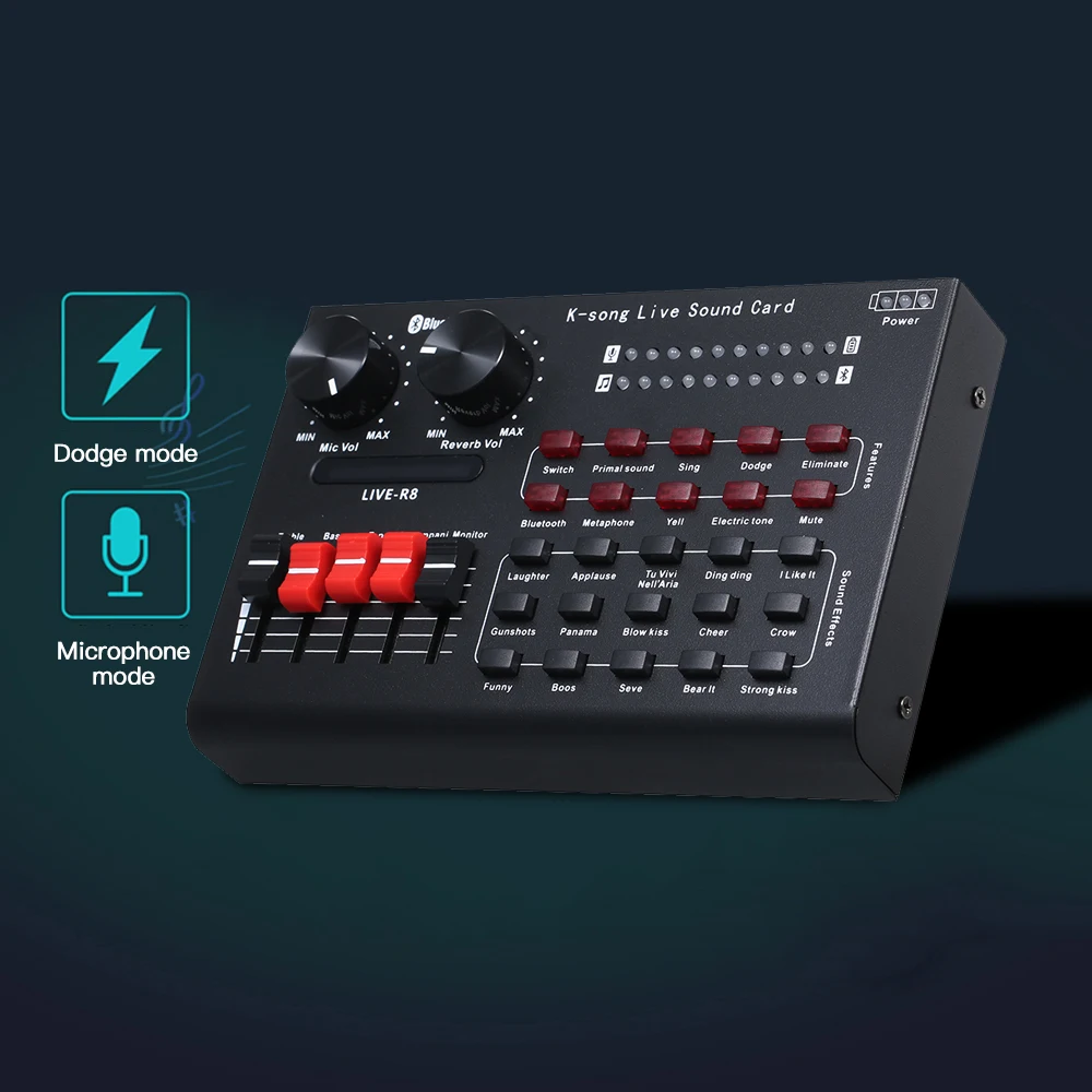 R8 Live Sound Card with Audio Cable USB Cable Sound Effects Dodge Mode Indicator Light for Computer Sound Card
R8 Live Sound Card with Audio Cable USB Cable Sound Effects Dodge Mode Indicator Light for Computer Sound Card