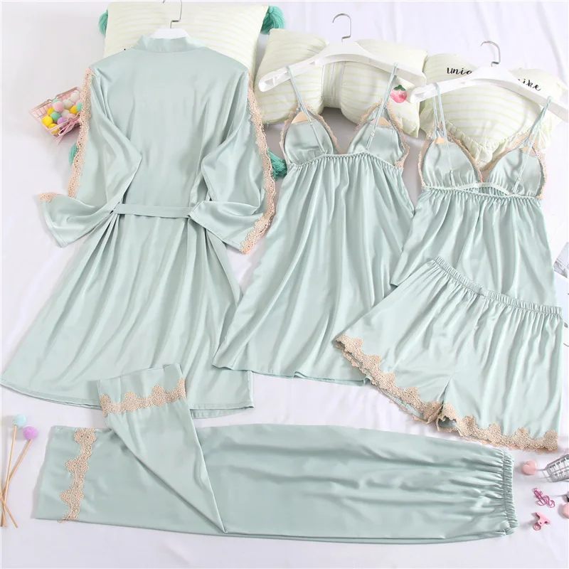 Spring Summer Pijamas Suit Women Satin 5PCS Sleepwear Lace Patchwork Sleep Set Female V-neck Pyjamas Pour Home Clothing
Spring Summer Pijamas Suit Women Satin 5PCS Sleepwear Lace Patchwork Sleep Set Female V-neck Pyjamas Pour Home Clothing