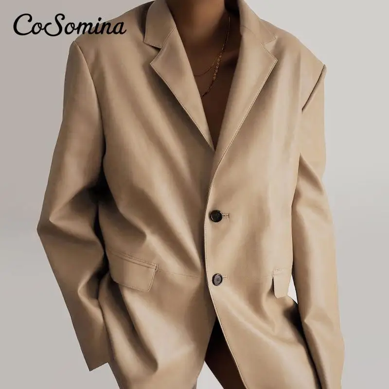 

CoSomina 2021 Autumn Winter PU Leather Blazer Women Khaki Long Sleeve Suit Fashion Black Oversized Loose Jacket Coat