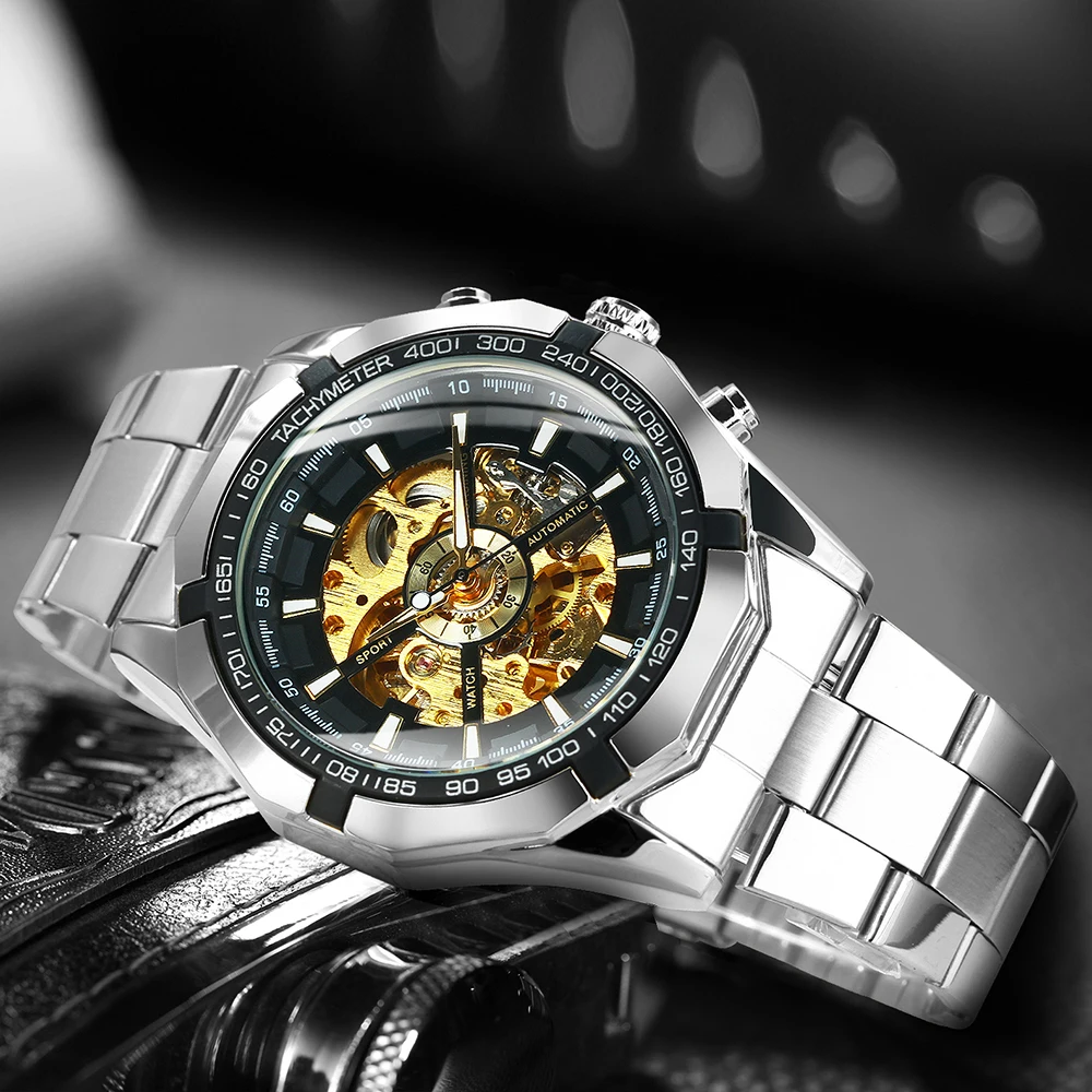Forsining Silver Stainless Steel Waterproof Mens Skeleton Watches Top Brand Luxury Transparent Mechanical Sport Male Wrist Watch | Наручные