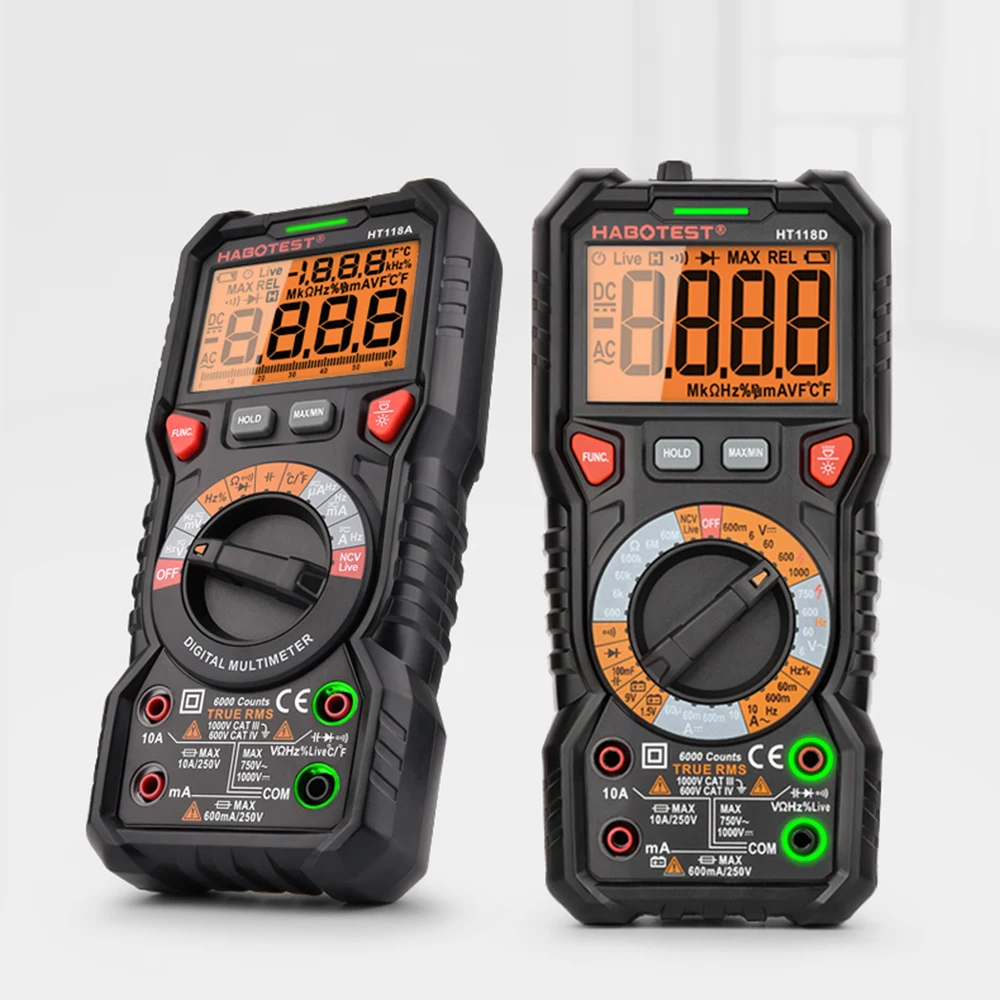 Digital Multimeter HT118A/C/D High Precise 6000 Counts 1000V Tester Voltage Meter Auto Range Ohm Hz NCV Live C/F Ture RMS AC/DC
Digital Multimeter HT118A/C/D High Precise 6000 Counts 1000V Tester Voltage Meter Auto Range Ohm Hz NCV Live C/F Ture RMS AC/DC