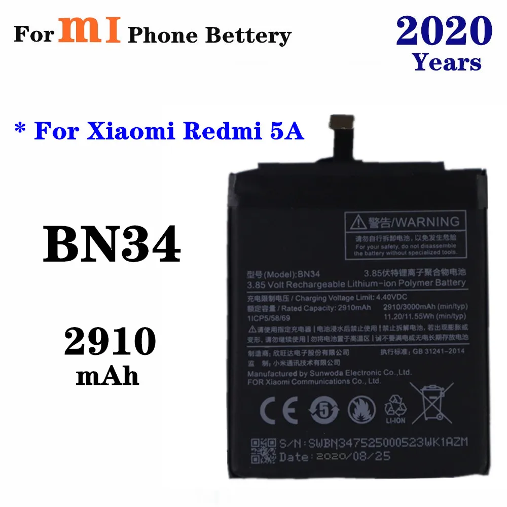 BN34 Phone Battery For Xiao Mi Redmi 5A Redrice 5A 2910mAh High Capacity Smartphone Replacement Battery
BN34 Phone Battery For Xiao Mi Redmi 5A Redrice 5A 2910mAh High Capacity Smartphone Replacement Battery
