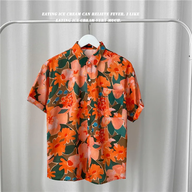 Printed cotton slim Lapel casual spot red summer youth shirt 
Printed cotton slim Lapel casual spot red summer youth shirt