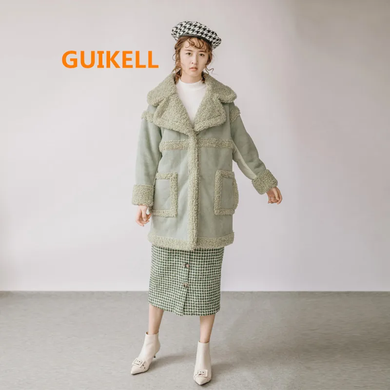 GUIKELL пальто из овечьей шерсти женское длинное композитного меха новое популярное