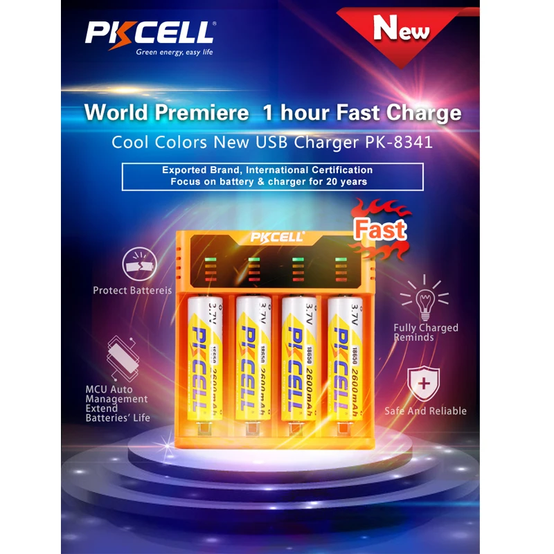PKCELL 3.7V Li-ion Rechargeable Battery Charger for 16340 26500 16650 14650 18350 18500 18650 USB Connector Universal Charger
PKCELL 3.7V Li-ion Rechargeable Battery Charger for 16340 26500 16650 14650 18350 18500 18650 USB Connector Universal Charger