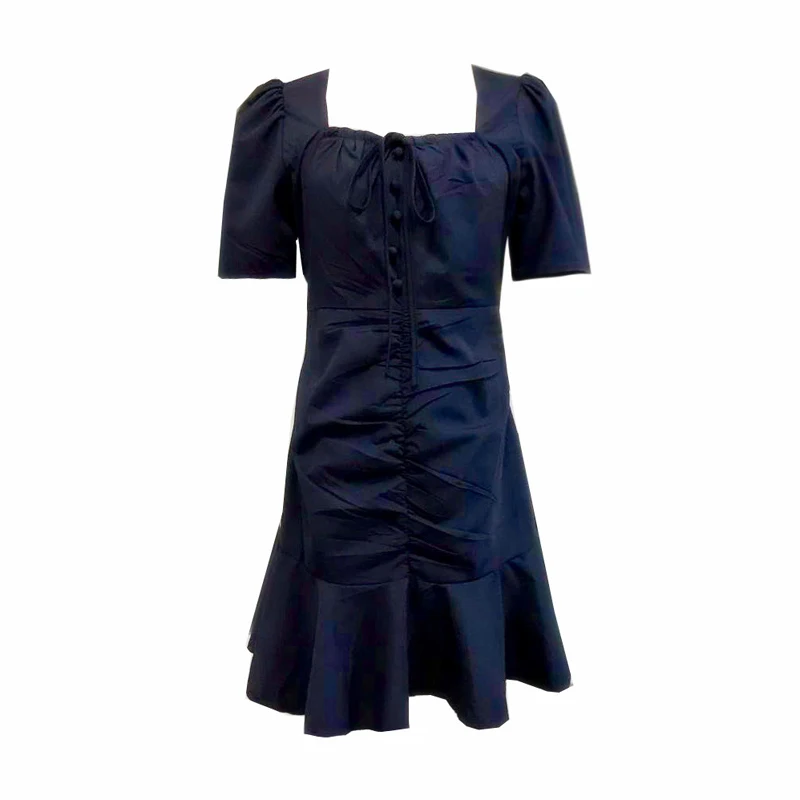 PERHAPS U Slash Neck Short Sleeve Mini Dress Elegant Solid Summer Women Female Navy Lace-up Button Pleated D1968
PERHAPS U Slash Neck Short Sleeve Mini Dress Elegant Solid Summer Women Female Navy Lace-up Button Pleated D1968