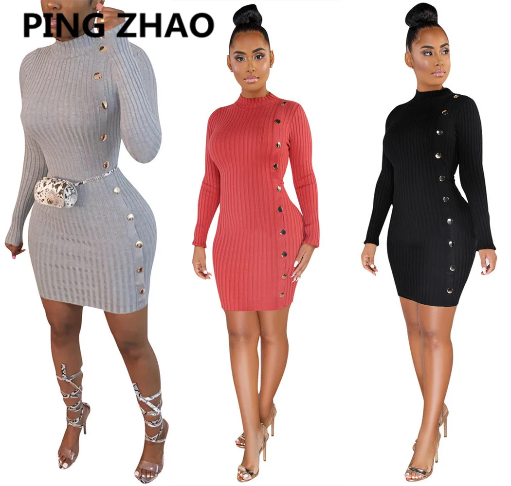 PING ZHAO Fashion Women Long Sleeve O Neck Knitted Dress Elegant Ladies Button Bodycon Slim Mini Pencil Dresses Vestidos
PING ZHAO Fashion Women Long Sleeve O Neck Knitted Dress Elegant Ladies Button Bodycon Slim Mini Pencil Dresses Vestidos