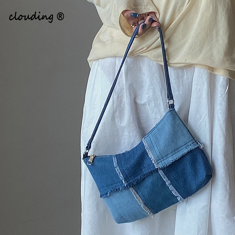 Vintage Denim Stitching Women Underarm Bag Fashion Ladies Contrast Color Small Shoulder Bags Female Armpit Bag Baguette Handbags
Vintage Denim Stitching Women Underarm Bag Fashion Ladies Contrast Color Small Shoulder Bags Female Armpit Bag Baguette Handbags