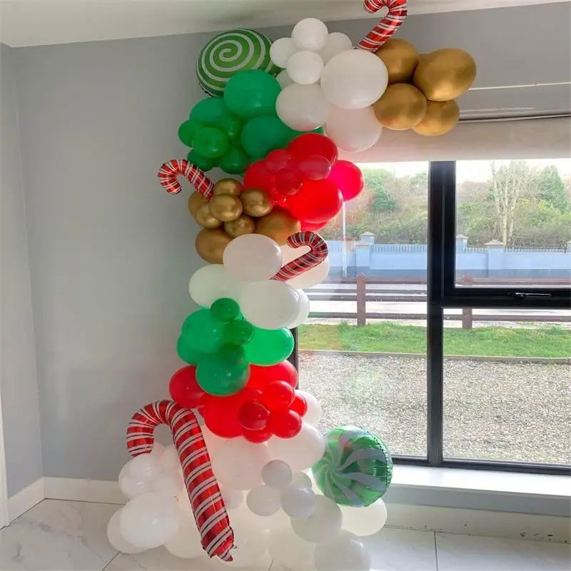 

102pcs/Set Christmas Balloons Garland Arch Kit Green Red Candy Crutch Ball Happy Birthday Xmas New Year Kid Party Decor Supplies