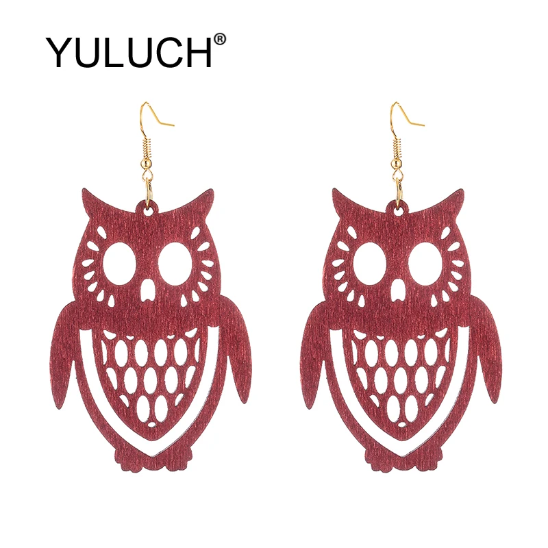 YULUCH Ethnic Owl Pattern Big Dangle Earrings Fashion Jewelry 2019 Red Hollow Natural Wooden Animal Birds Long | Украшения и