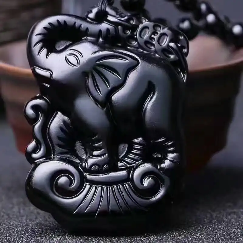 

Natural Chinese Black Obsidian Elephant Pendant Necklace Beads Charm Jewellery Hand-Carved Fashion Amulet for Men Women Gifts