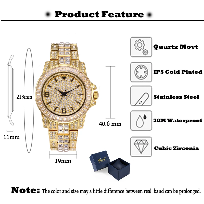 Dropshipping MISSFOX Iced Out Luxury Wristwatch Baguette Diamond Watch Silver Hip Hop Classy Quartz Men With Gifts Box | Наручные часы