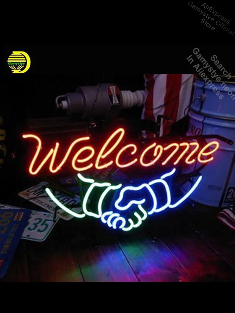 

Welcome hand by hand Neon Sign Lamp with metal frame GLASS Engineering Neon Light Wall Polis Signage Shop Neon Signs For Bar