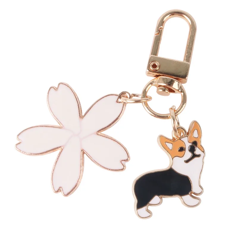 

Cute Corgi Dog Trinket Key Chains Lovely Flower Accessories Pet Dog KeyChain Jewelry Women Bag Pendant Fashion Car KeyRing Gift
