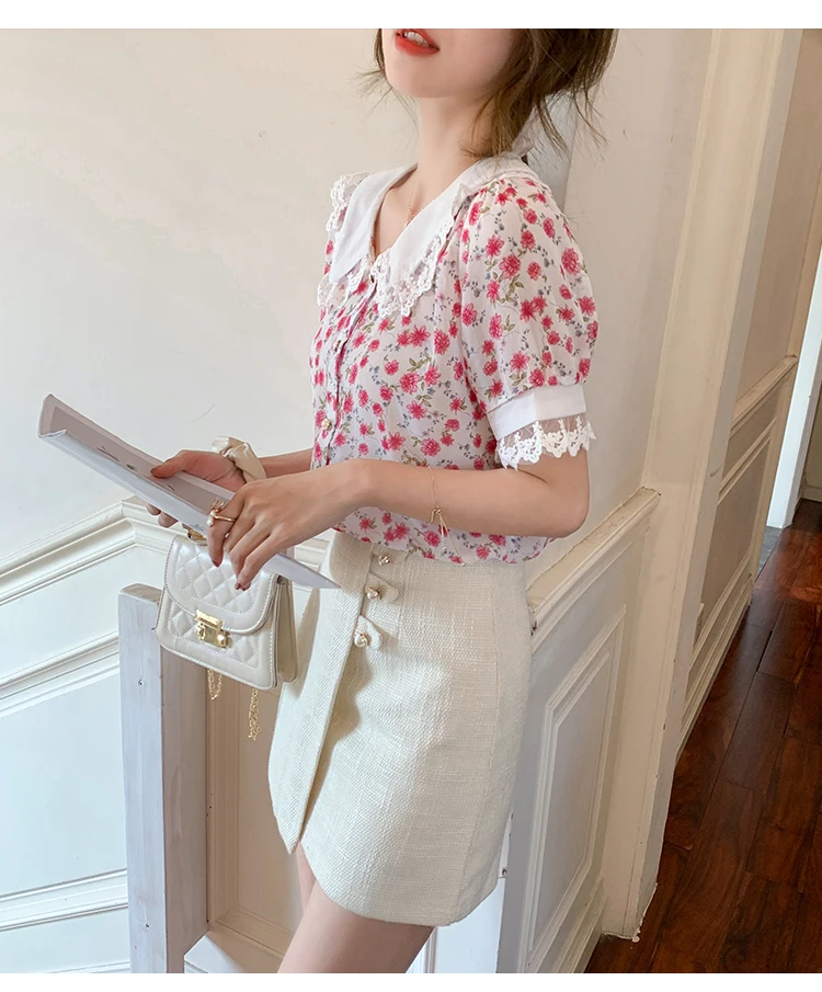 Summer Women Designer Sweet Pink Floral Peter Pan Collar Chiffon Blouse Puff Sleeve Vintage Shirts 2021 New Ladies Casual Top
Summer Women Designer Sweet Pink Floral Peter Pan Collar Chiffon Blouse Puff Sleeve Vintage Shirts 2021 New Ladies Casual Top