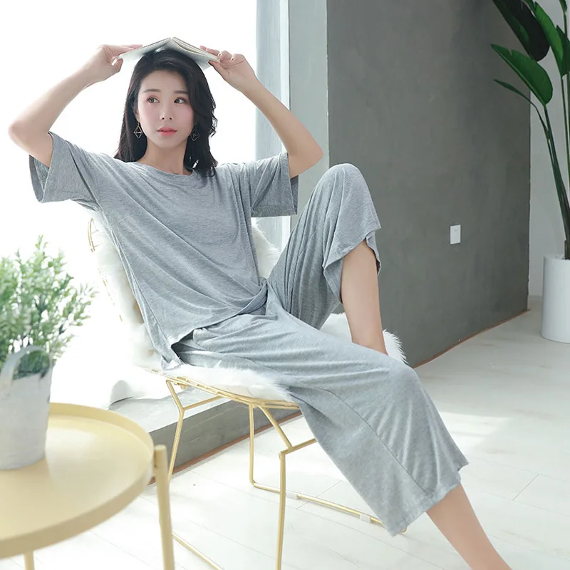 Summer Modal All Size Loose Pajamas Women's Thin Cool Short-Sleeved Nine-point Pants Stretch Comfortable Simple Pijama
Summer Modal All Size Loose Pajamas Women's Thin Cool Short-Sleeved Nine-point Pants Stretch Comfortable Simple Pijama