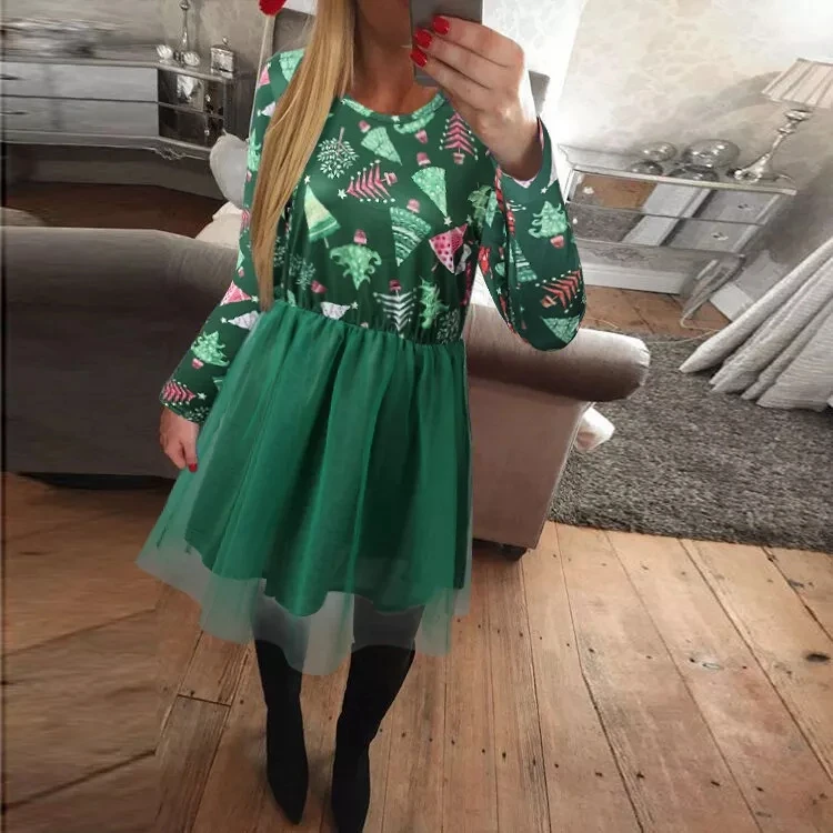 Female Dress Christmas Floral Print Round Neck Long Sleeve One-Piece for Women Mesh stitching Christmas print dress 2020 New
Female Dress Christmas Floral Print Round Neck Long Sleeve One-Piece for Women Mesh stitching Christmas print dress 2020 New