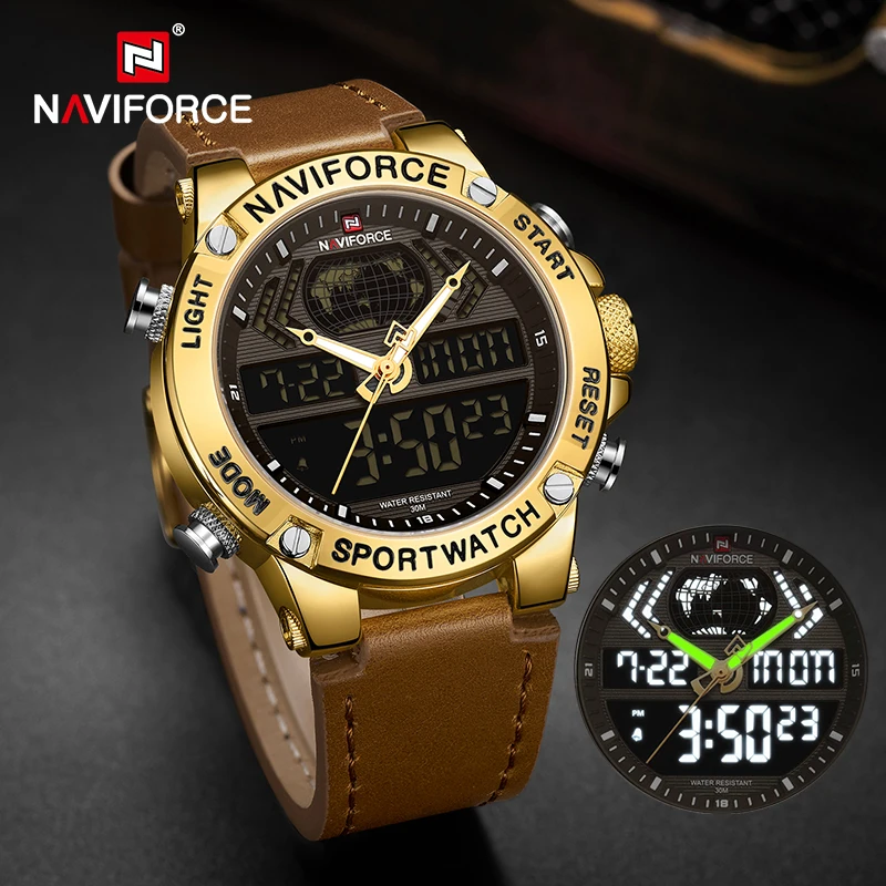 NAVIFORCE Luxury Gold Watches for Men Digital Sports Chronograph Quartz Wrist Watch Male Military Waterproof Leather Band Clock
NAVIFORCE Luxury Gold Watches for Men Digital Sports Chronograph Quartz Wrist Watch Male Military Waterproof Leather Band Clock