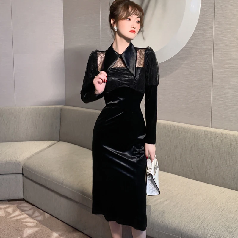 new arrival fashion korean spring midi dress women OL professional temperament peter pan collar lace perspective black dress
new arrival fashion korean spring midi dress women OL professional temperament peter pan collar lace perspective black dress