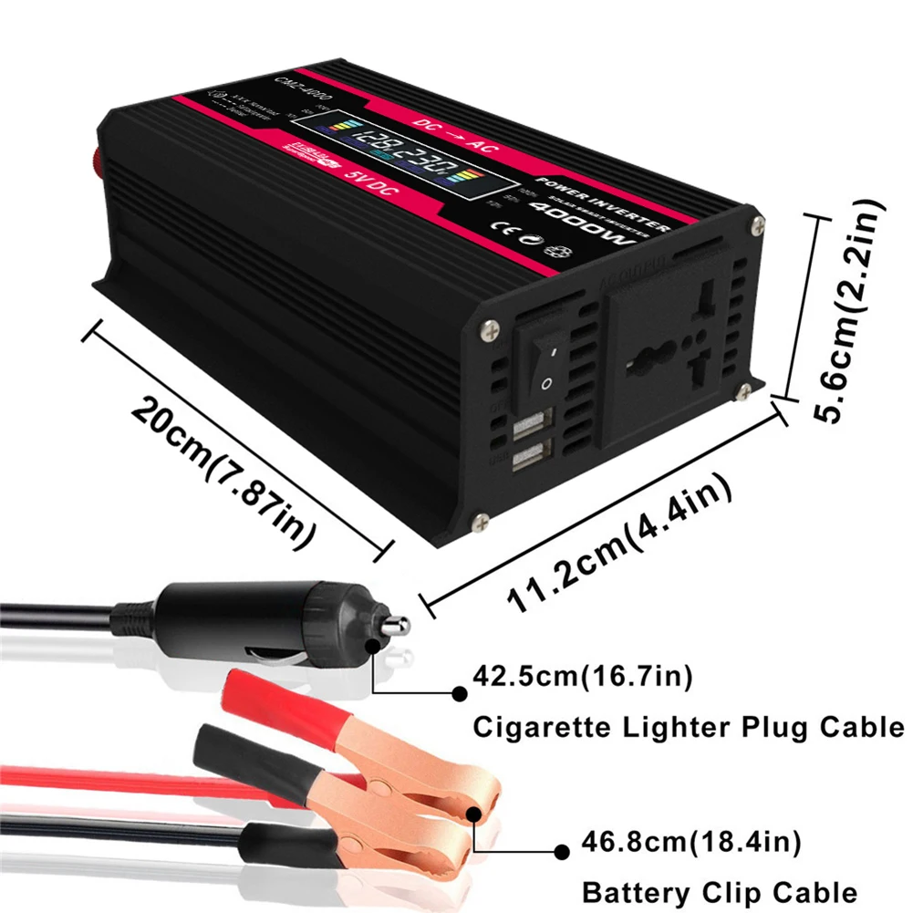 Car Power Inverter DC 12V to AC 110/220V Car Converter with 2.4A Dual USB Car Adapter, LCD Display and AC Outlet
Car Power Inverter DC 12V to AC 110/220V Car Converter with 2.4A Dual USB Car Adapter, LCD Display and AC Outlet