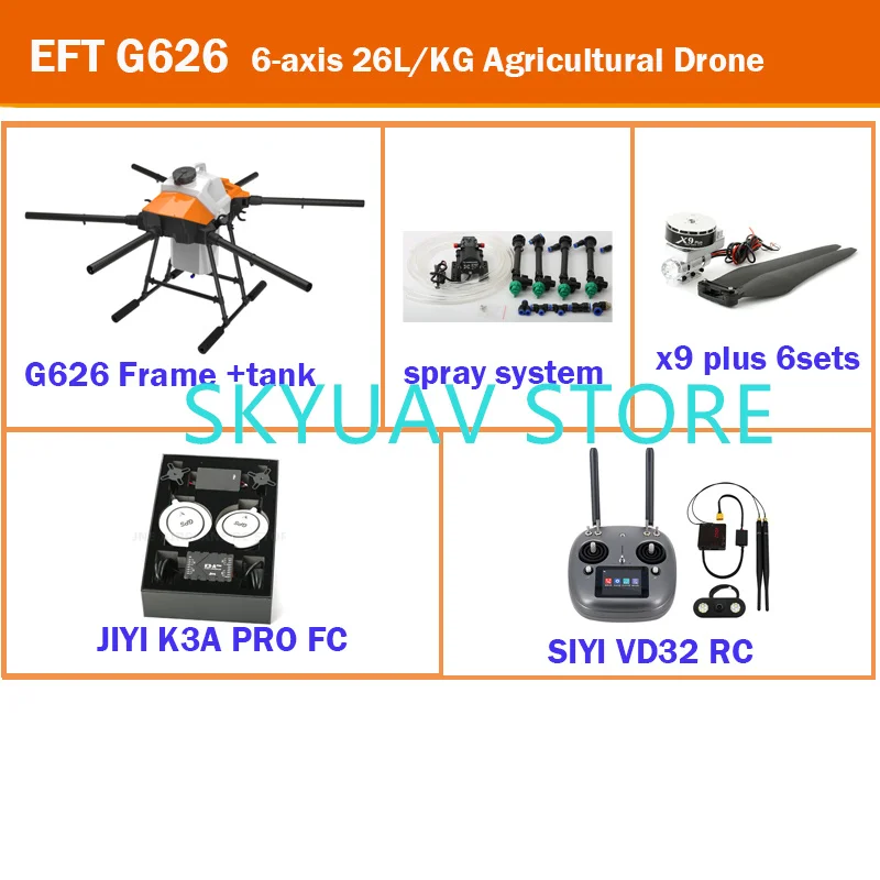 EFT G626 Six-Axis 26L/KG Agricultural Spray Drone Brushless Water Pump With T12 H12 VD32 K++/K3A PRO FC X9 Plus Power Kit
EFT G626 Six-Axis 26L/KG Agricultural Spray Drone Brushless Water Pump With T12 H12 VD32 K++/K3A PRO FC X9 Plus Power Kit