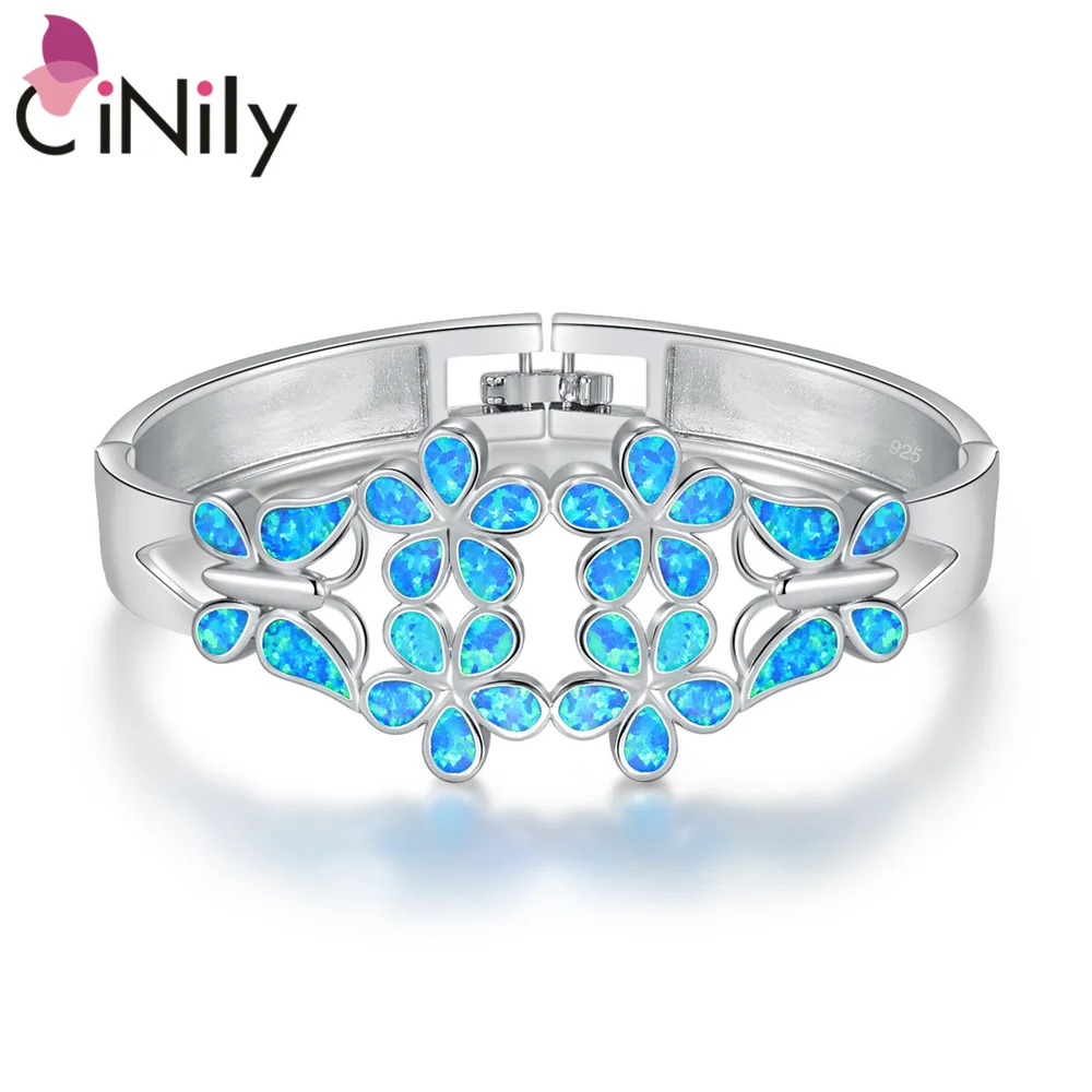 

CiNily Blue Fire Opal Stone Wide Cuff Bangles Silver Plated Flora Bohemia BOHO Cocktail Luxury Big Jewelry Best Gifts for Women