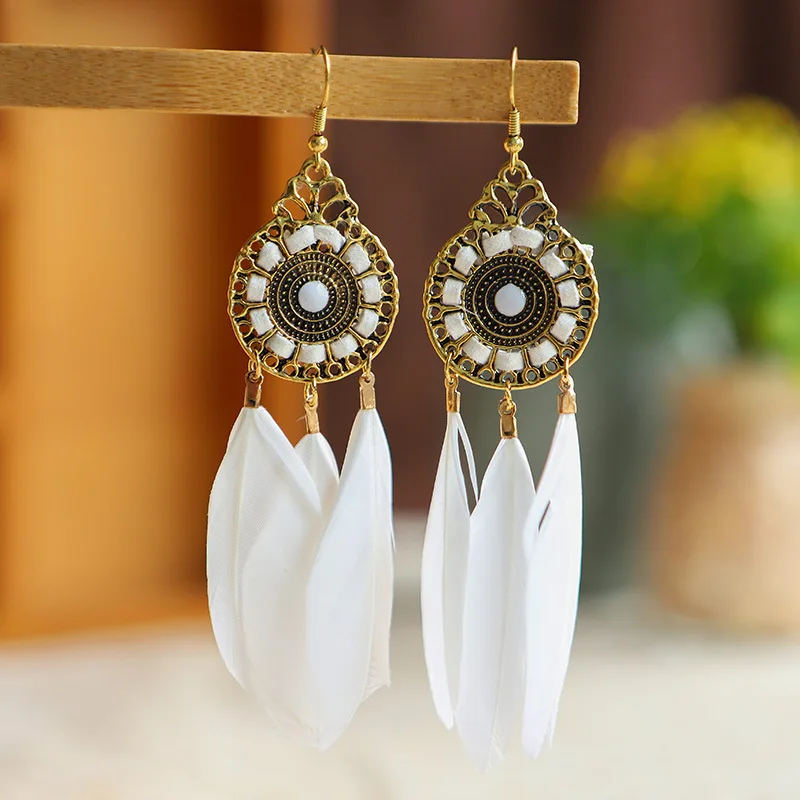 

Dream Catcher Pink Feather Earing Indian Jhumka Boho Summer Round Hollow Dangle Hanging Earrings For Women boucle oreille femme