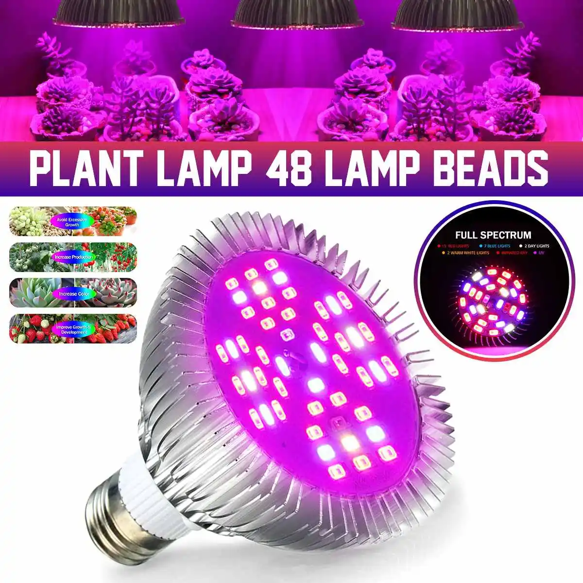 48W SMD2835 LED Grow Light E26 E27 48LED Full Spectrum Plant Lamp for Flower Seedss Greenhouse Indoor Plants Growing AC85-265V
48W SMD2835 LED Grow Light E26 E27 48LED Full Spectrum Plant Lamp for Flower Seedss Greenhouse Indoor Plants Growing AC85-265V