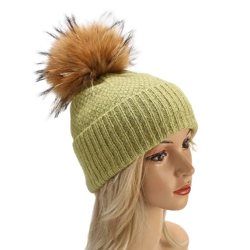 

Женская модная зимняя шапка с помпонами, теплая шапка из меха енота, шерстяная вязаная однотонная шапка