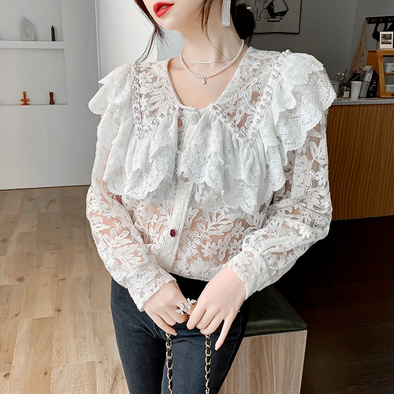 2021spring and Summer New Base Lace Hollow Pearl Shirt Ruffled Long Sleeves Outerwear Top for Women Blouse
2021spring and Summer New Base Lace Hollow Pearl Shirt Ruffled Long Sleeves Outerwear Top for Women Blouse
