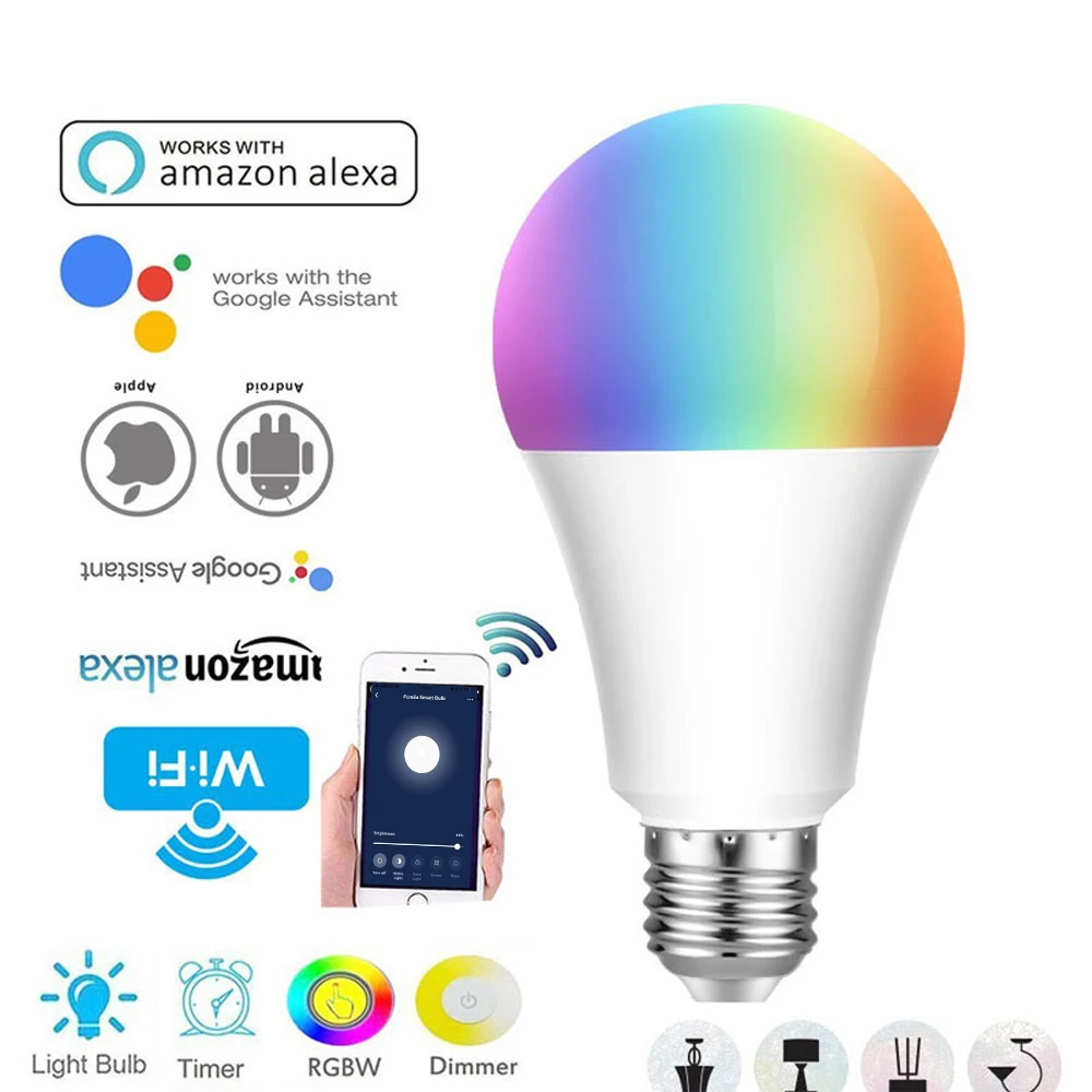 Умная лампа E27/B22/E26/E14 RGB Светодиодная с Wi Fi для Android Apple дистанционным управлением