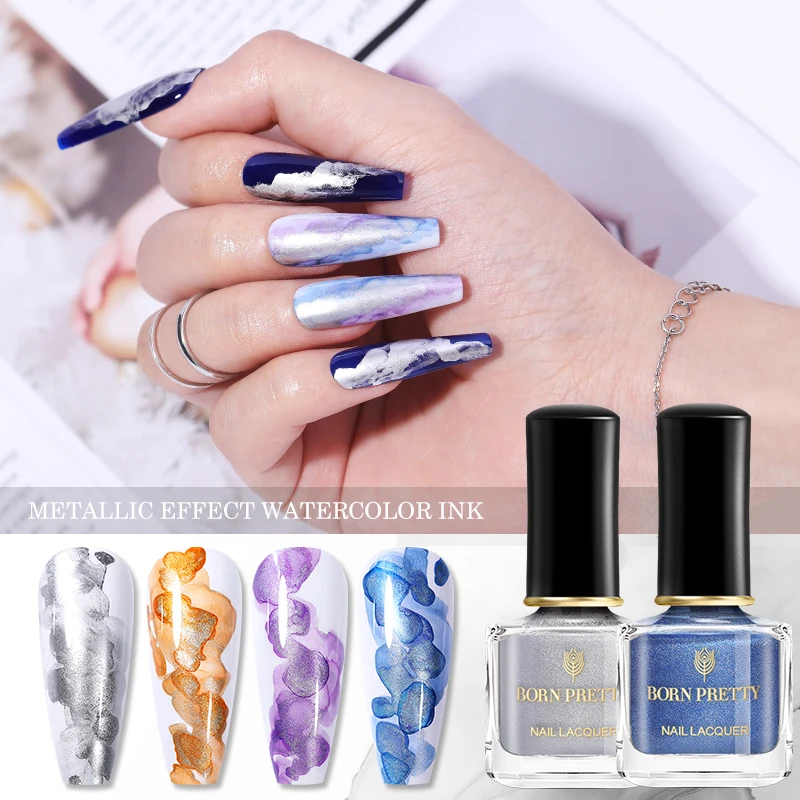 BORN PRETTY 7ml Nail Watercolor Ink Polish Metallic Effect Gold Silver Blue Purple Varnish Marble Nails | Красота и здоровье