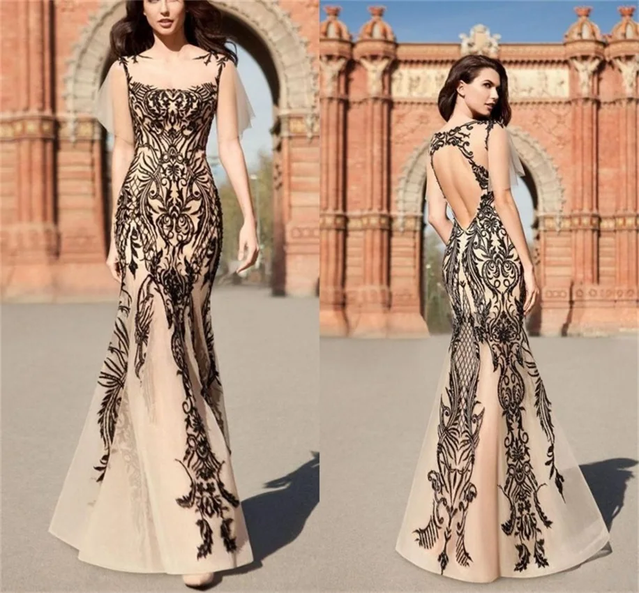 

Sexy Mermaid Evening Dresses Sheer Neck Lace Applique Champagne Prom Dress Backless Pageant Party Gowns Robes De Soirée