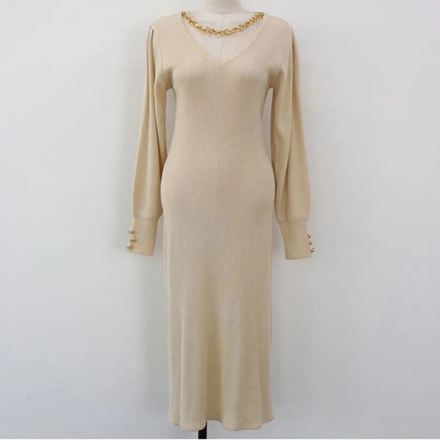 Vinatge French metal chain v-neck knitted dress women lantern sleeve slim package hip sweater dress
Vinatge French metal chain v-neck knitted dress women lantern sleeve slim package hip sweater dress