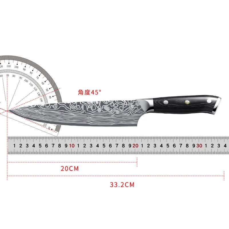 8-inch German steel laser pattern chef's knife with color wooden handle West chef's knife for slicing meat chopper
8-inch German steel laser pattern chef's knife with color wooden handle West chef's knife for slicing meat chopper
