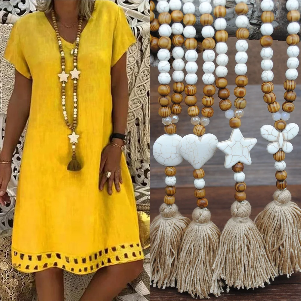 Bohemian Linen Clothing Pendant Tassel Sweater Chain Handmade String Wooden Beads Long Necklace Female
Bohemian Linen Clothing Pendant Tassel Sweater Chain Handmade String Wooden Beads Long Necklace Female
